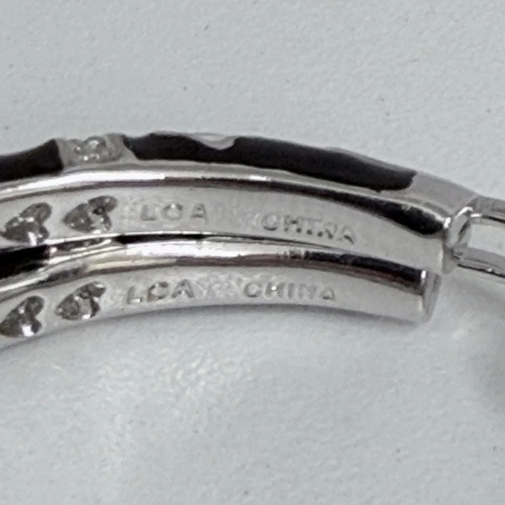 Lauren G Adams Large Enamel Hoop Earrings Black CZ's Silver Tone Metal Pierced